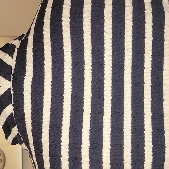 Talbots Size PM, Navy Blue And Ivory Striped, Mock Neck, Puff Sleeves, EUC - Picture 5 of 9